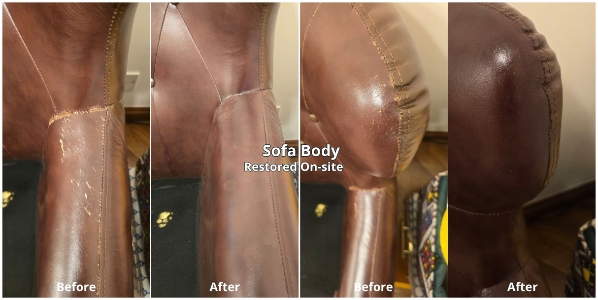 Worn armrest and headrest leather repaired on site before and after - Furniture Clinic Hong Kong
